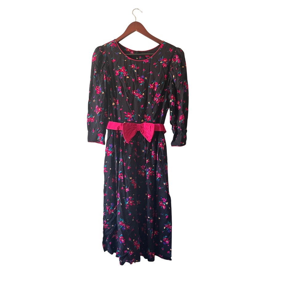 Lanz Originals Vintage Floral Midi Dress Black Fuchsia Bow‎ Puff Sleeve Size 6